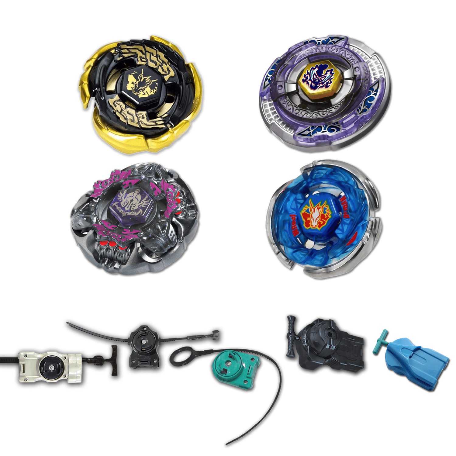 Beyblade 4 Pack Gravity Perseus Bb-80, Gold Galaxy Pegasus Bb-70, Storm Pegasus Bb-28, Scythe Kronos Bb-113 + 1 Free Launcher