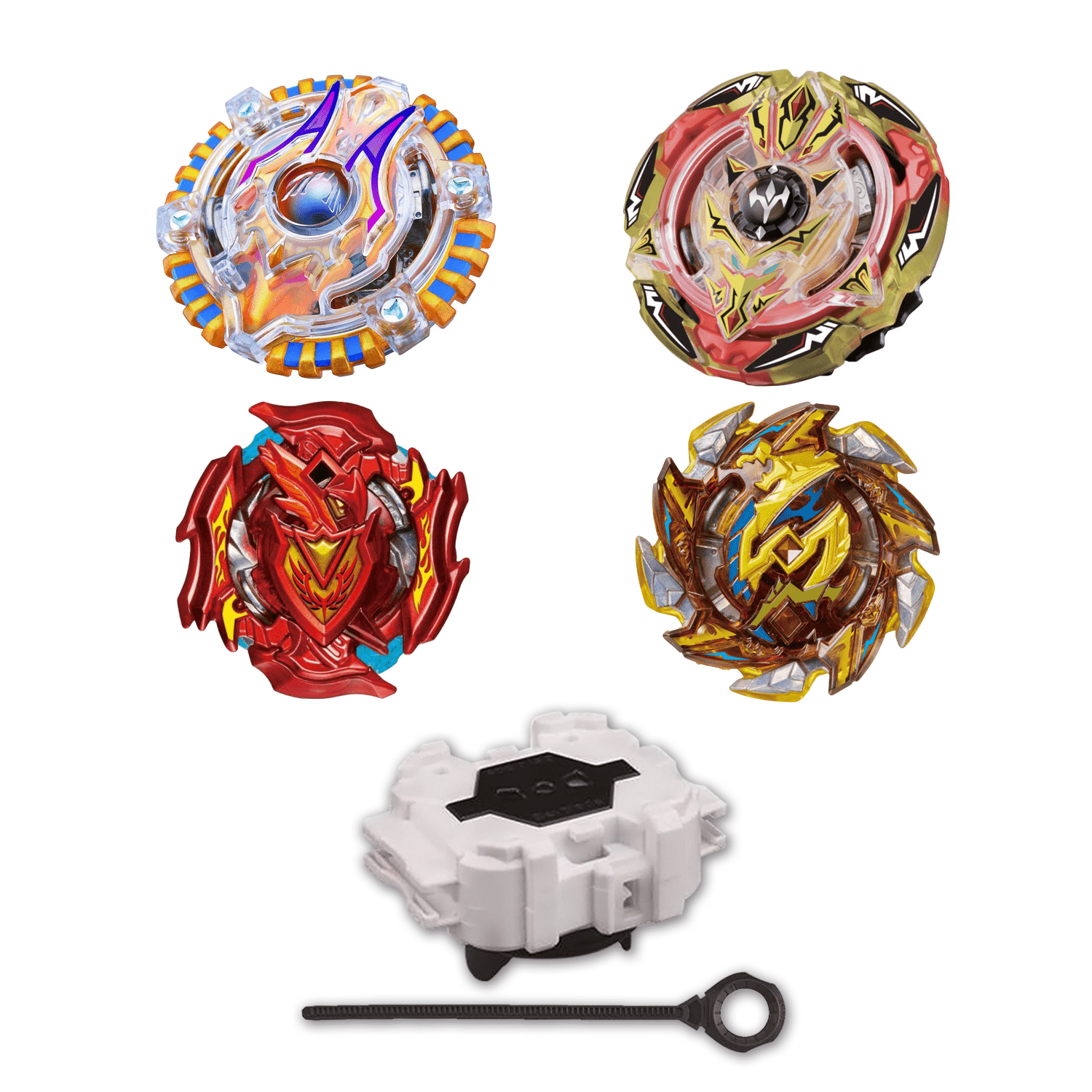 Beyblade Burst 4 Pack Gold Hell Salamander B-125 02, Acid Anubis B-71, Screw Trident, Z Achilles B-132 04 W/ Free Launcher