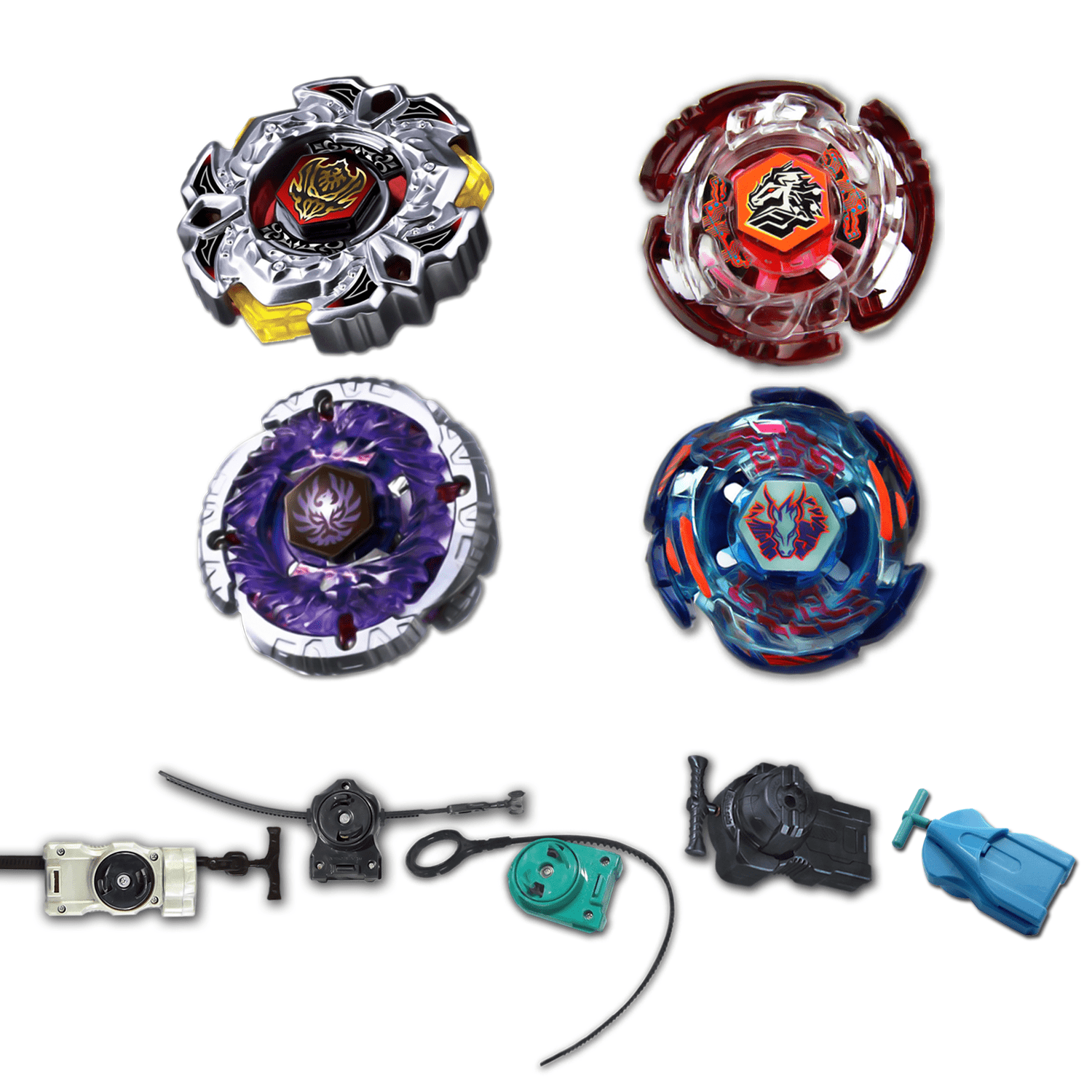 Beyblade 4 Pack Astro Pegasus 100F, Galaxy Pegasus Bb-70, Jade Jupiter Bb-116, Variares Bb-114 + 1 Free Launcher