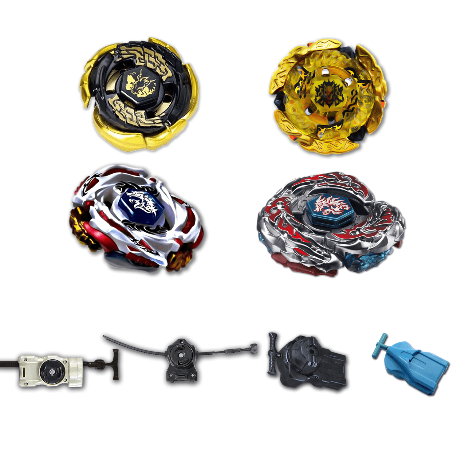 Beyblade 4 Pack Meteo L-Drago Lw105Lf Bb-88, Black Sun Gold Galaxy Pegasus Gb145Ms Bb-88, L-Drago Destroy Destructor F:S Bb-108, Hell Kerbecs Hades Bd145Ds Bb-99 +1 Free Launcher
