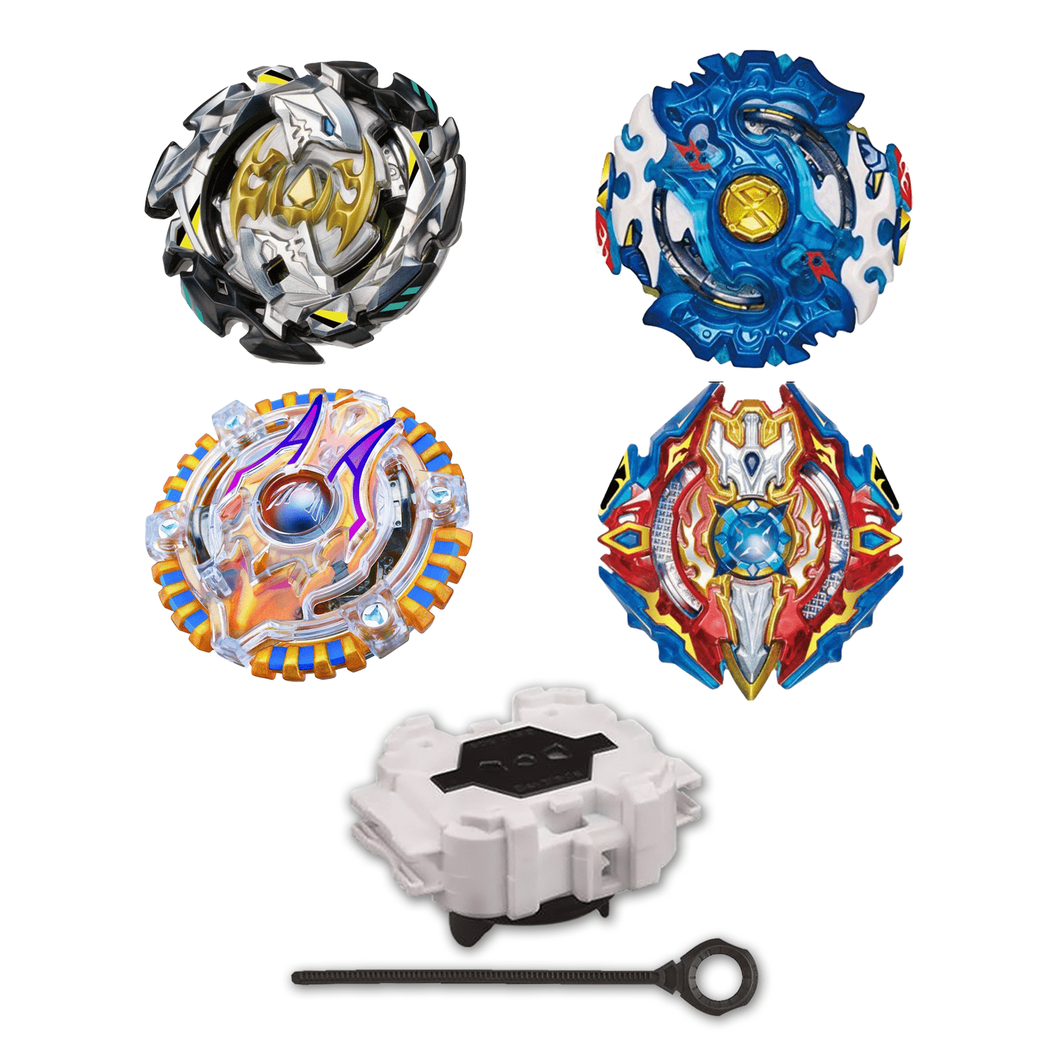 Beyblade Burst 4 Pack Emperor Forneus B-106, Spryzen Requiem B-111 06, Acid Anubis B-71, Sieg Xcalibur B-92 W/ Free Launcher