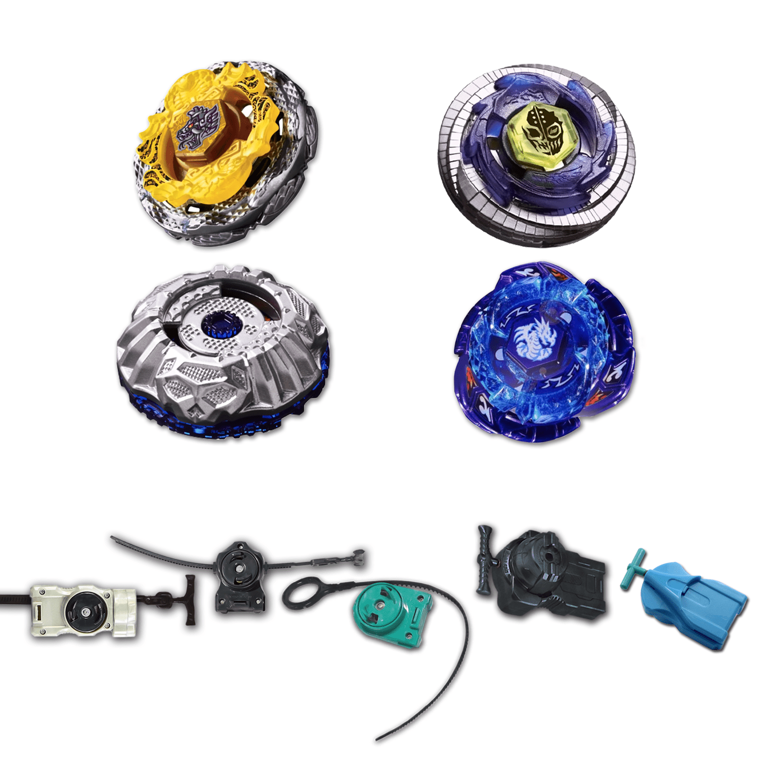 Beyblade 4 Pack Death Quetzacoatl Bb-119, Duo Uranus Ice Titan Bb-121A, Proto Nemesis B-156, Omega Dragonis Bb-M28 + 1 Free Launcher From Metal Fusion, Metal Fury, Metal Master Series
