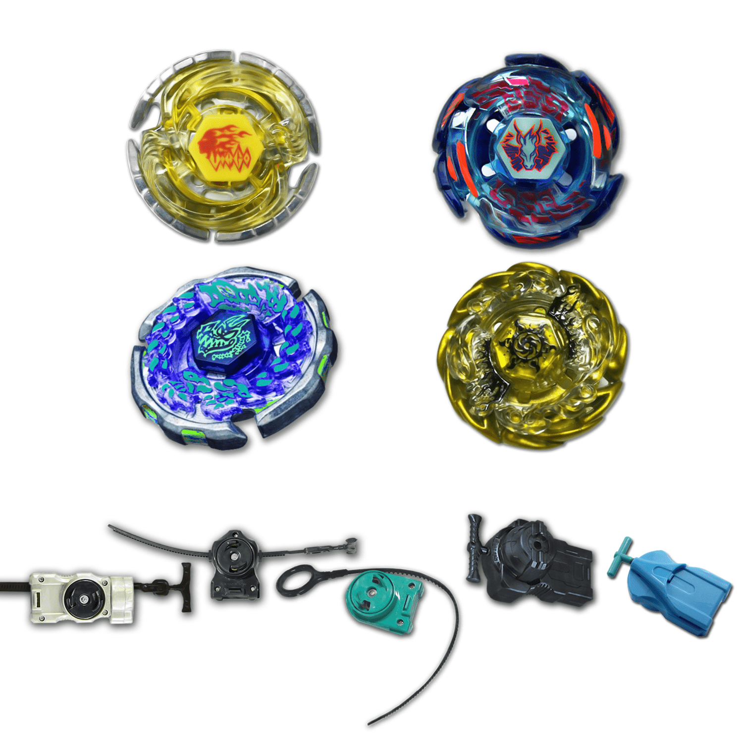 Beyblade 4 Pack Galaxy Pegasus Bb-70, Virgo Bb-60, Ray Gil Bb-91, Sol Blaze Gold V145As + 1 Free Launcher