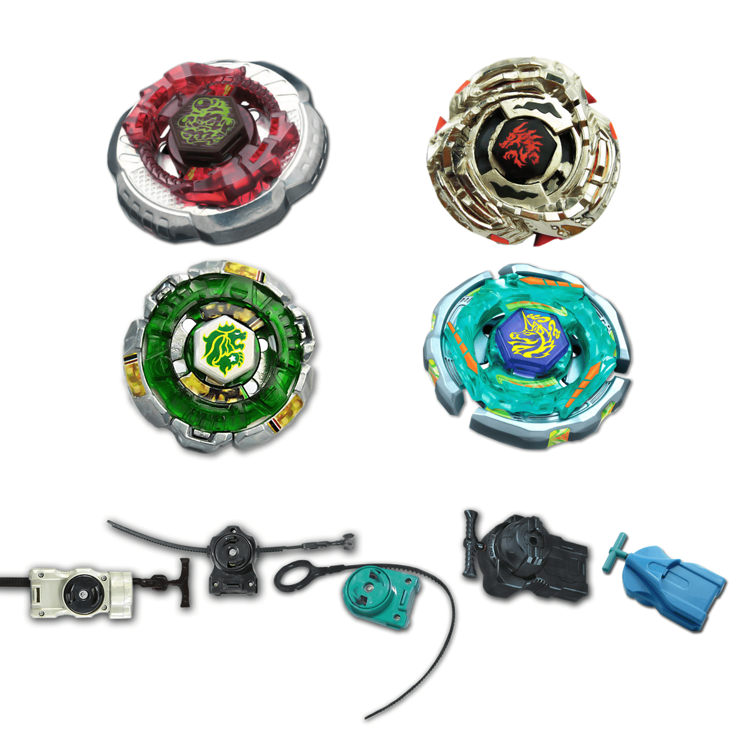 Beyblade 4 Pack Ray Unicorno Bb-71, Rock Leone Counter Attack 145D, Scorpio Bb-65, Meteo L-Drago Guardian Bb-121C + 1 Free Launcher