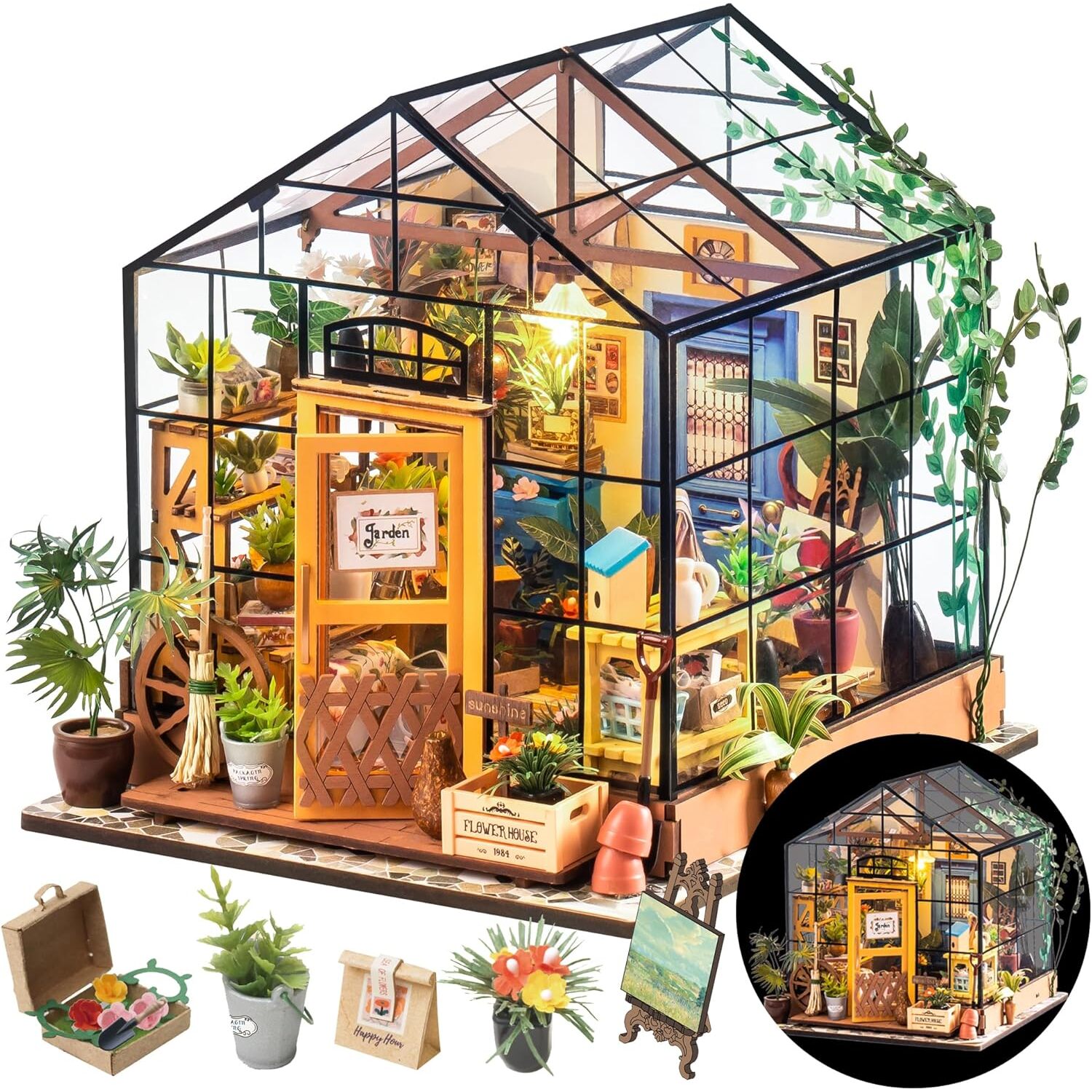 Rolife Cathy's Flower House Diy Miniature Kit Rolife Diy Miniature House Kit Greenhouse, Tiny House Kit For Adults To Build, Mini House Making Kit With Furniture, Halloween/Christmas Decorations/Gifts For Family And Friends (Cathy's Greenhouse)