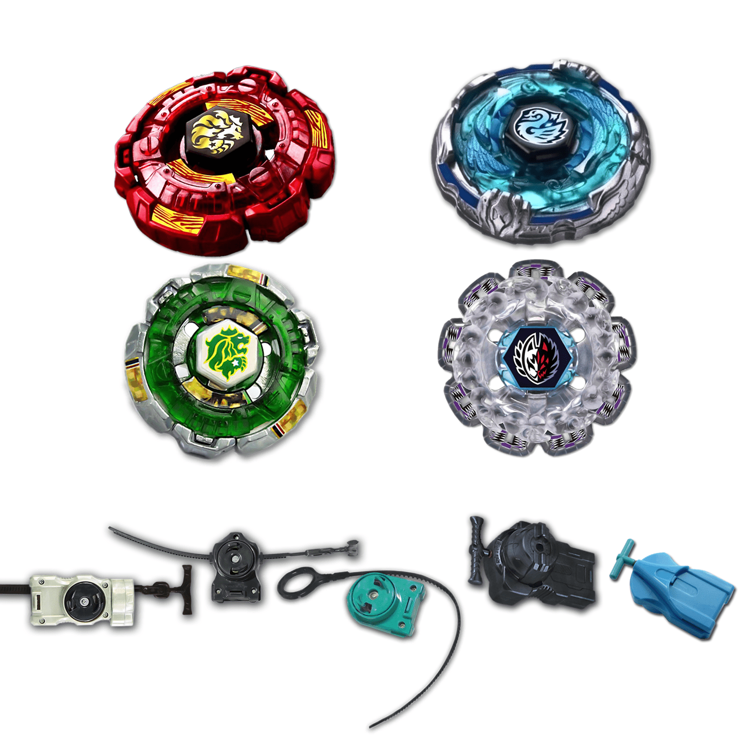 Beyblade 4 Pack Fang Leone Green B-147, Fang Leon Red Bb-106, Divine Fox 90W2D, Kreis Cygnus Bb-124 + 1 Free Launcher From Metal Fusion, Metal Fury, Metal Master Series
