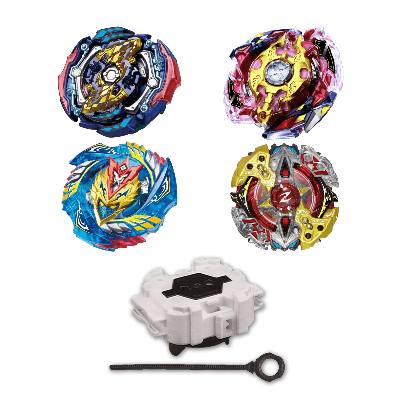 Beyblade Burst 4 Pack Judgement Joker B-142, Legend Spriggan B-86, Cho-Z Valkyrie B-127, Galaxy Zeus B-90 W/ Free Launcher