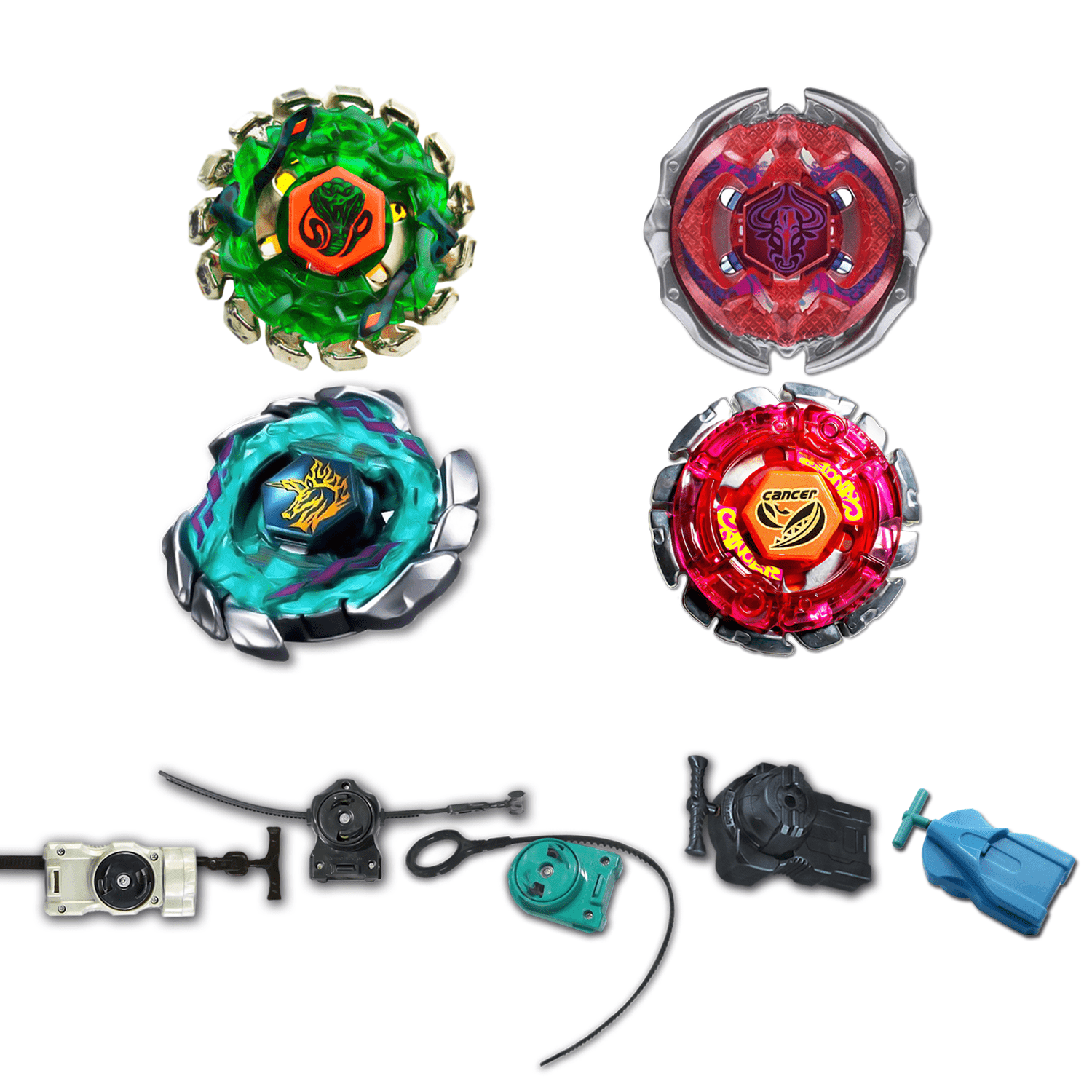 Beyblade 4 Pack Blitz Unicorno Bb-117, Poison Serpent Bb-69, Forbidden Eonis Bb-116, Cancer Bb-100 + 1 Free Launcher