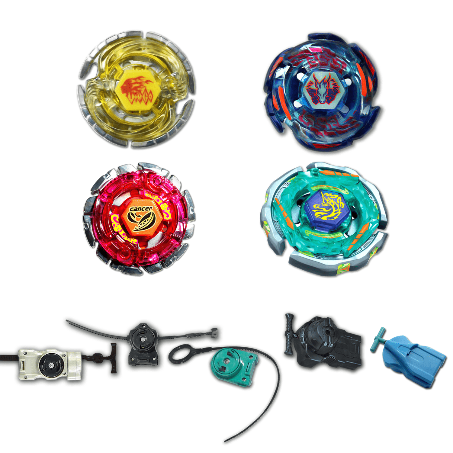 Beyblade 4 Pack Ray Unicorno Bb-71, Galaxy Pegasus Bb-70, Virgo Bb-60, Cancer Bb-100 + 1 Free Launcher