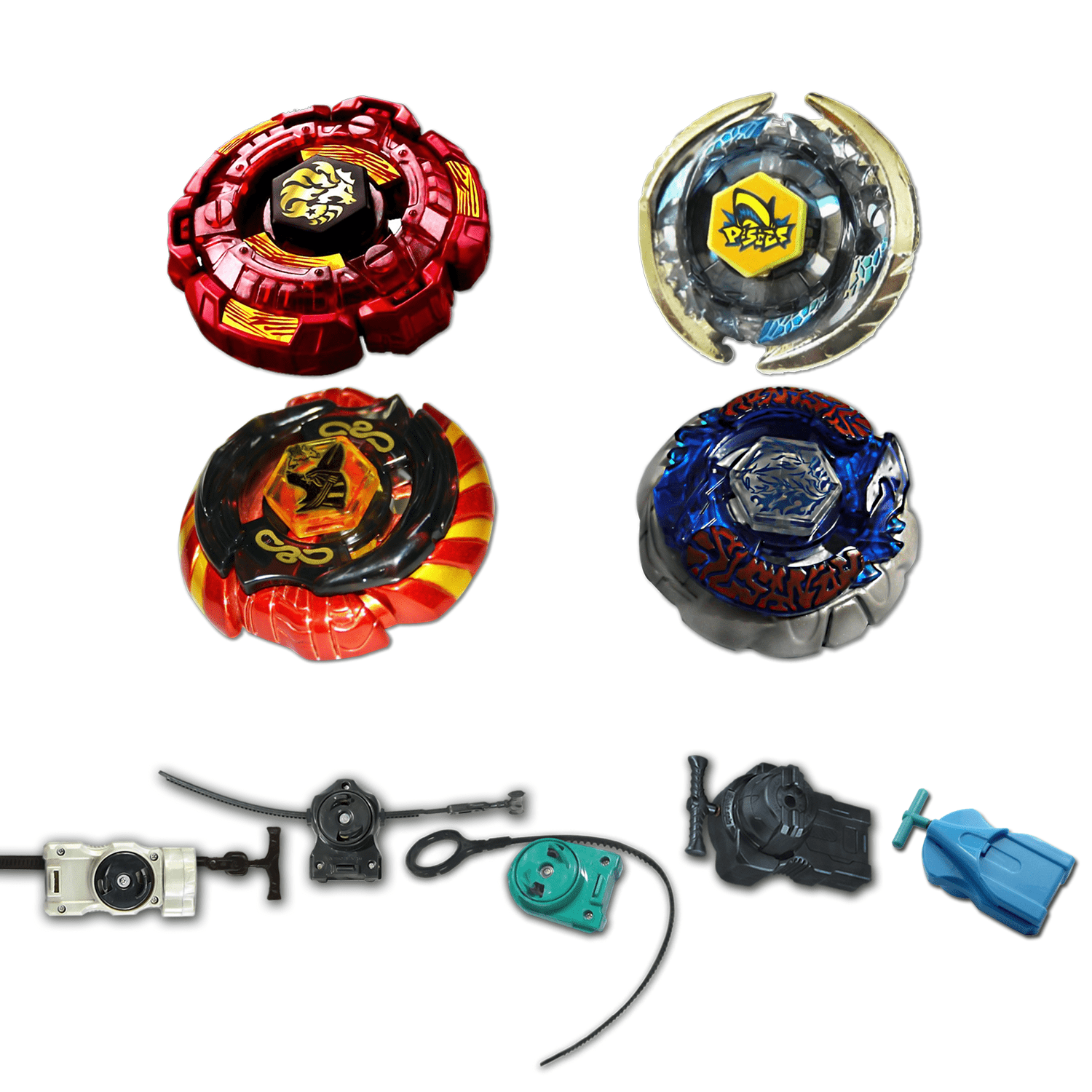 Beyblade 4 Pack Fang Leone Red Bb-106, Pisces Bb-83, Mercury Anubis Red 85Xf, Bakushin Susanow White 105F + 1 Free Launcher