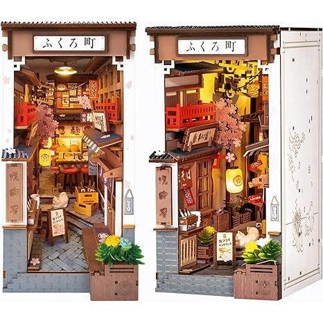 Rolife Diy Book Nook Kits For Adults, Miniature Dollhouse Booknook Kit, 3D Wooden Puzzle Creative Decorative Bookends Bookshelf Diorama Insert Crafts Hobbies Gifts (Sakura Wine Alley)