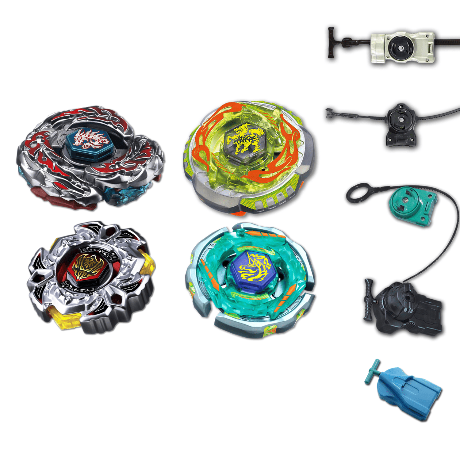 Beyblade 4 Pack L-Drago Destructor F:S, Variares Bb-114, Rock Giraffe (Zurafa) Bb-78, Ray Unicorno Bb-71 + 1 Free Launcher